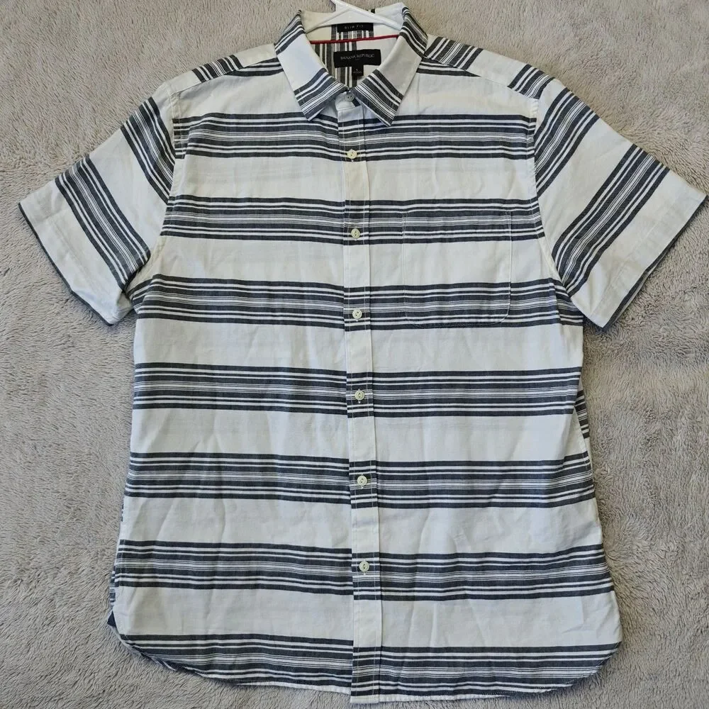 Banana Republic Short Sleeve Shirt Men's L White Striped Slim Fit 100% Cotton